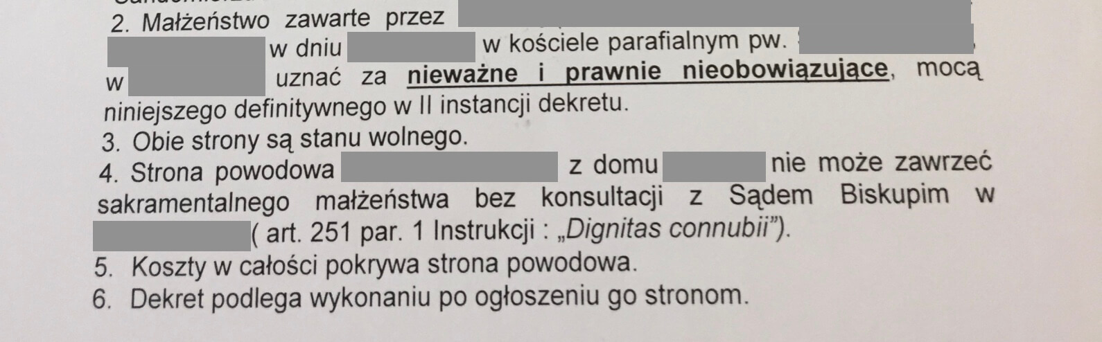 wyrok stwierdzający nieważność małżeństwa wraz z klauzulą wyrokową